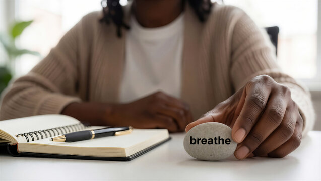Close-up of a woman holding a zen stone with the word breathe. An open notebook on a desk highlights mental health, mindfulness, and stress relief