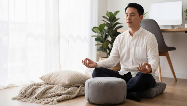 An Asian man in a white shirt sits in lotus pose for meditation in a bright home office. He focuses on mental health and stress relief during a work break