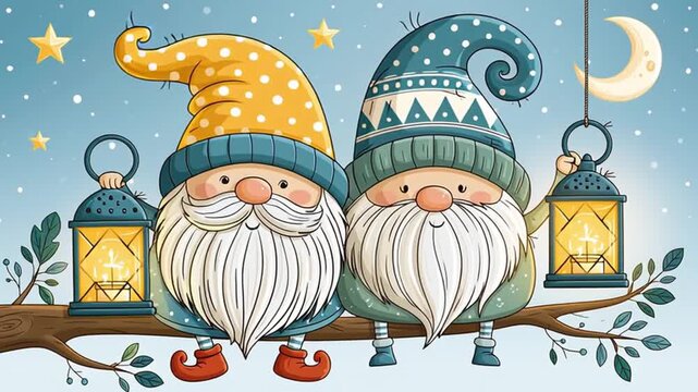 Cute cartoon gnomes sitting on a tree branch with lanterns, stars, moon, flat design animation