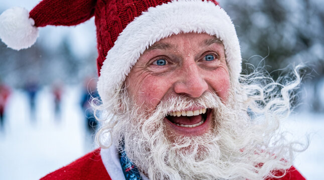 Santa Run Smiling Bearded Man in Snowy Park