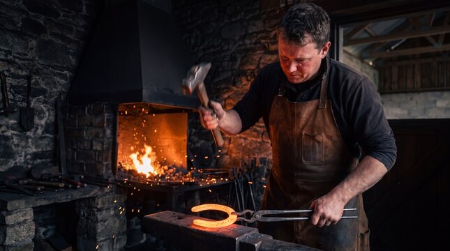 Farrier Shaping a Glowing Horseshoe Against an Anvil