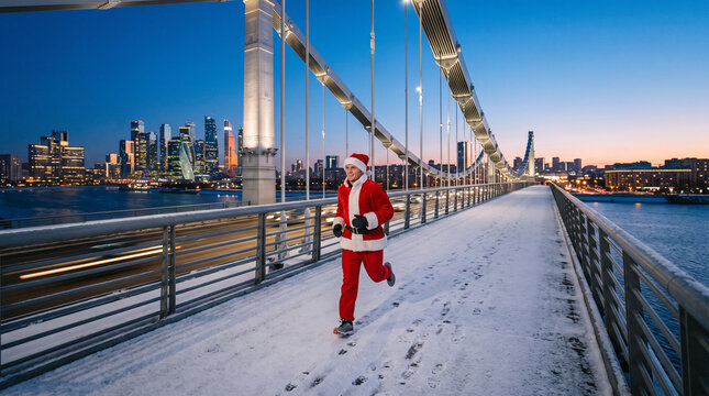 Santa Run Runner on Snowy City Bridge