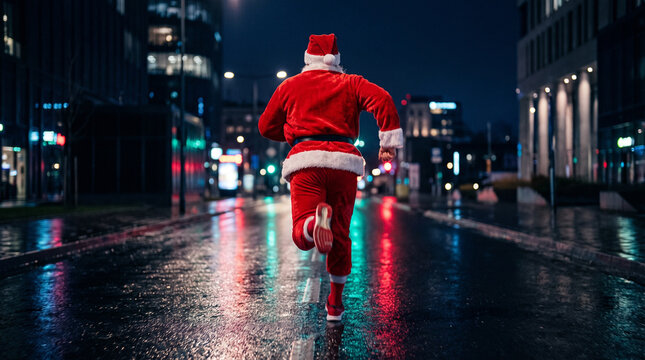 Santa Run Runner on Rainy City Street at Night