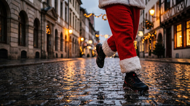 Santa Run Through Rainy Historic City Street
