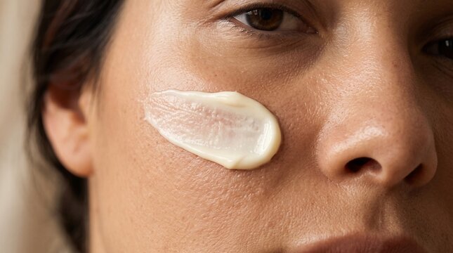 A close-up macro shot reveals a dab of rich, creamy skincare product being applied to a woman's cheek, highlighting its smooth texture and gentle application.