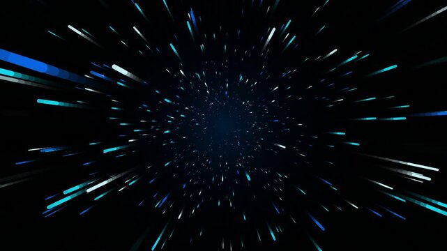 Blue light rays radiate outward from a central point across a black background