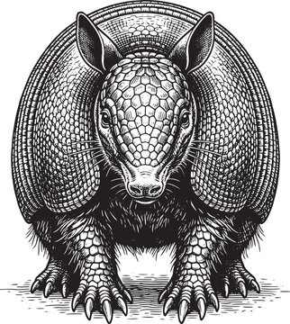 Detailed vintage engraving style front view armadillo vector illustration with black and white background armadillo wildlife engraving illustration detailed monochrome