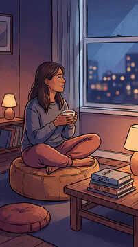 Woman sits in a cozy room with a cup of tea, enjoying the city lights at night while relaxing on a large cushion
