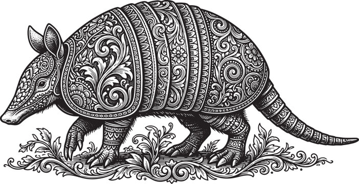 Ornate decorative armadillo vector illustration with floral and scroll patterns in vintage woodcut style ornate design decorative animal floral pattern woodcut art shel