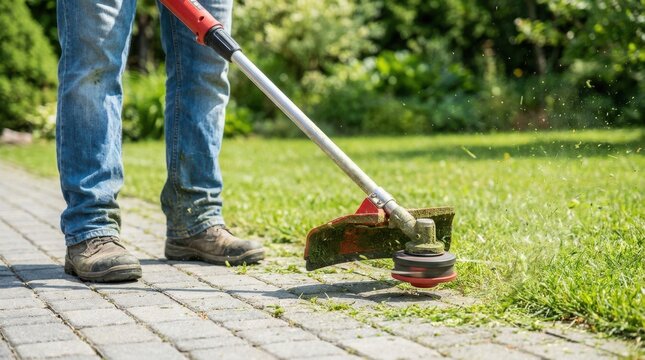 Close-up on person's legs using electric string trimmer along paved garden path edging.