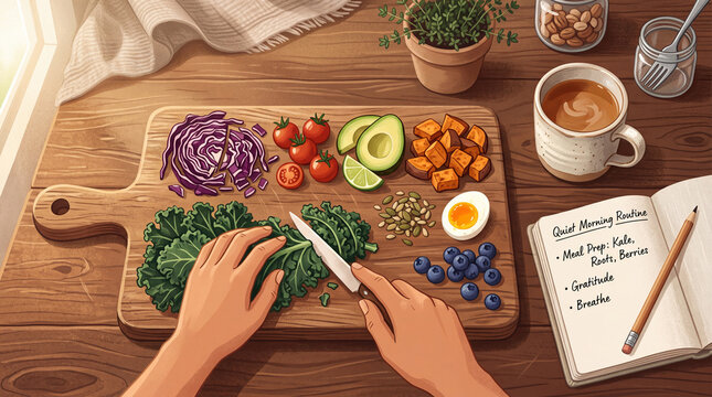Preparing fresh vegetables and fruits for breakfast in a bright kitchen during the morning