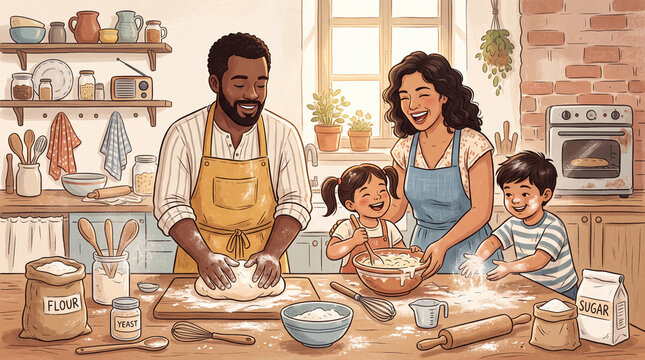 Family members make bread together in a kitchen on a sunny day while having fun and enjoying the cooking experience