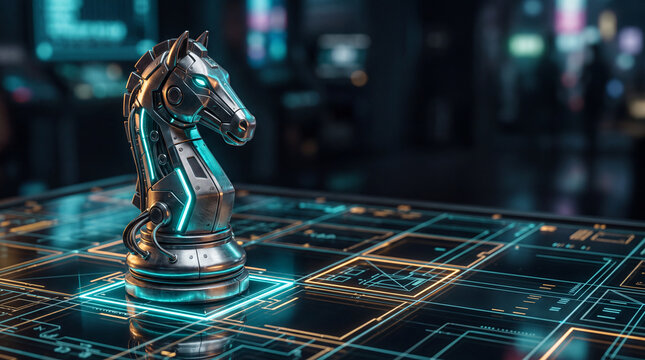 A futuristic chess piece sits on a digital board with glowing designs and outlines while bright screens illuminate the background of the room