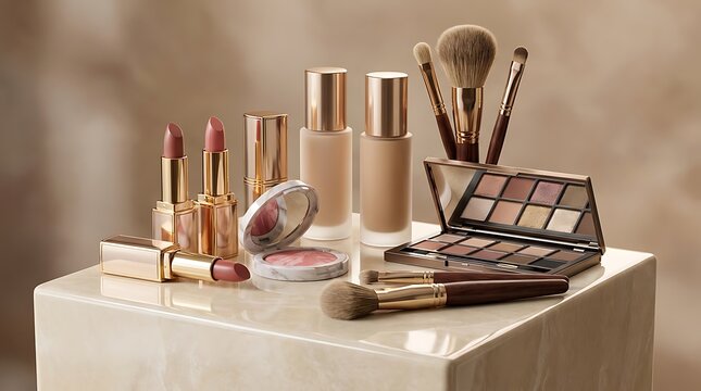 Collection of luxury makeup products including lipsticks foundation and eyeshadow palette on a pedestal. high-end makeup sale