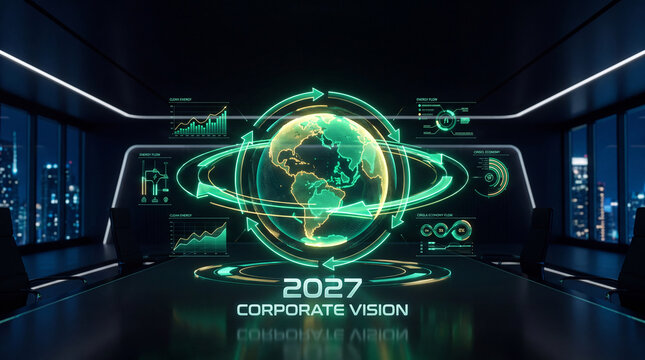2027 corporate vision outlined in a modern office with digital displays and city view at night