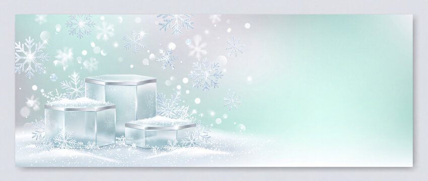 Ice cubes and snowflakes on a light background create a winter scene with a soft focus and light effects in a digital artwork