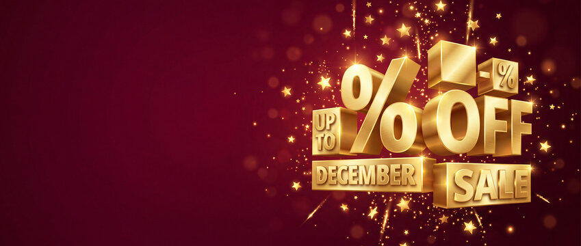 December sale offers up to percent off with gold text and sparkling stars on a red background