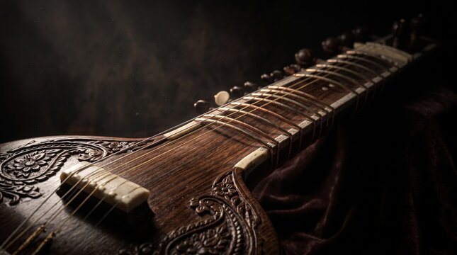 A close-up photograph of a classic sitar