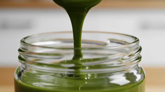 Thick Green Matcha Tea Cream Dripping from a Wooden Spoon into a Clear Glass Jar on a Kitchen Countertop