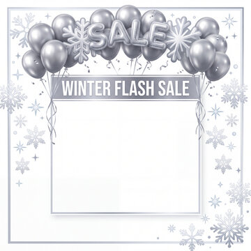 Winter flash sale announcement with balloons and snowflakes for a limited time event