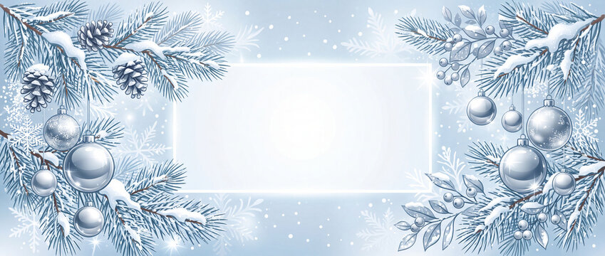 Winter scene with snow-covered trees and ornaments in a light blue backdrop