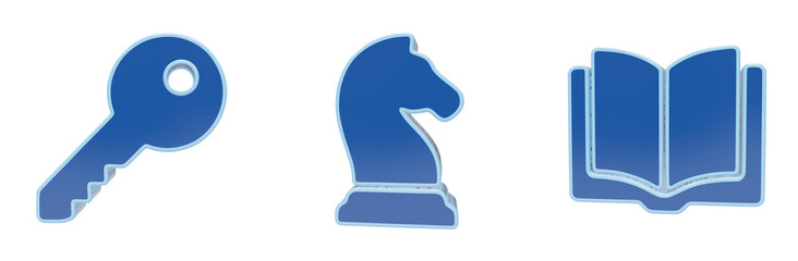 Abstract three dimensional icons featuring a metal key a chess knight and an open book © Shahida