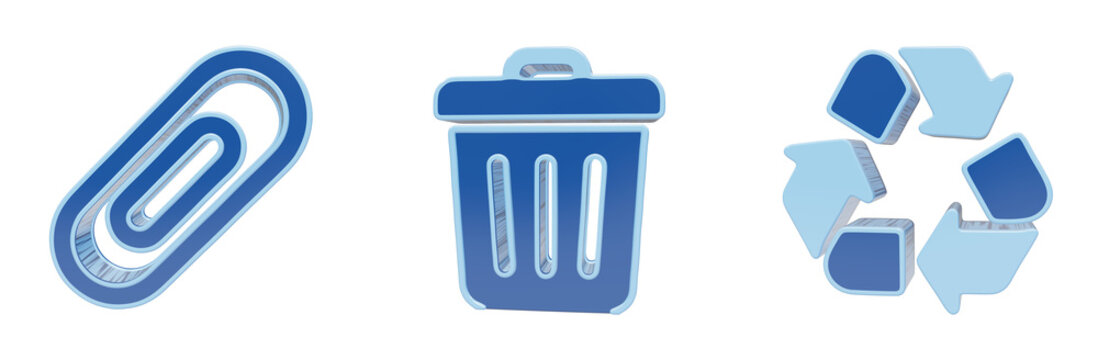 Abstract office and utility icons featuring paperclip waste bin and recycle symbol in blue three dimensional design