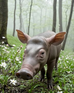 A babirusa piglet  pig hybrid fictional species, digitally created animal, in a spring blossom forest