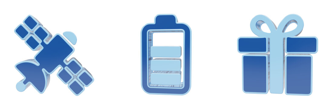 Collection of blue 3d icons showcasing a communication satellite battery charge level and gift box
