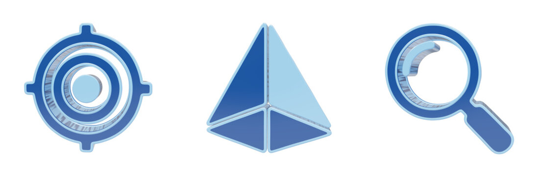 Collection of three dimensional blue icons showing target circle and triangular pyramid shape and magnifying glass