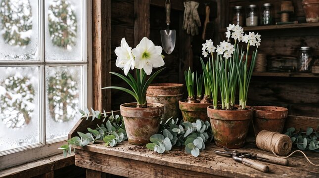 White amaryllis and narcissus in terracotta pots on a rustic wooden potting bench with gardening tools for botanical and floral marketing