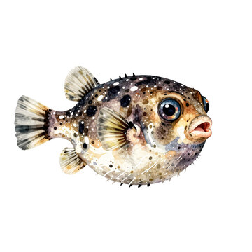 Watercolor illustration of a pufferfish with large eyes and patterned skin