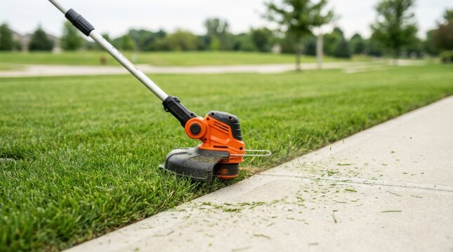 Electric orange grass trimmer edges green lawn along concrete sidewalk for professional garden maintenance work.