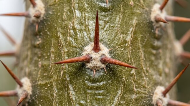 Macro Close-up of Sharp Reddish-Brown Thorns on a Green Cactus Stem with Fuzzy Areoles and Textured Skin