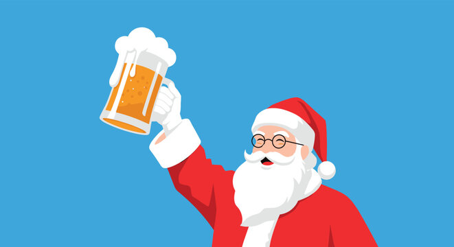 Happy Santa Claus wearing his red suit and glasses smiles while holding up a large glass of foaming beer to celebrate the holiday season.