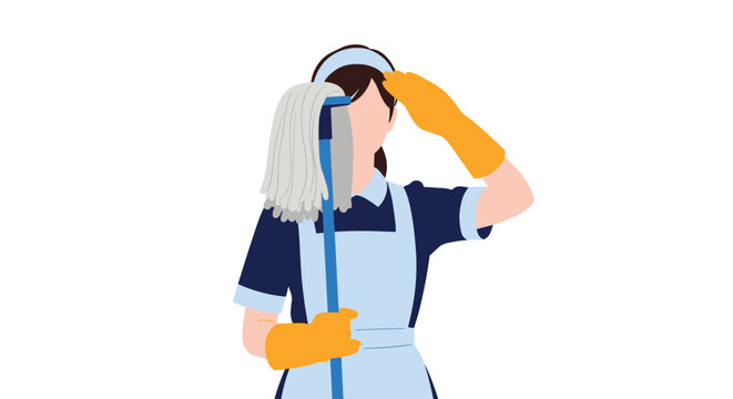Woman in a blue maid uniform holds a mop while wiping her forehead with a gloved hand showing signs of exhaustion.