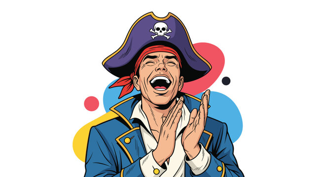 Happy pirate captain in a bicorne hat with a skull and crossbones laughing and clapping his hands joyfully in flat style.