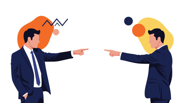 Two businessmen in dark suits pointing fingers at each other in a heated conflict over colorful abstract background shapes.