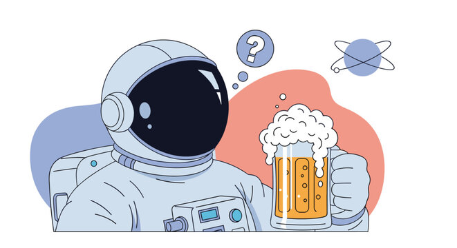 Curious astronaut in a spacesuit holding a large mug of frothy beer and wondering about space travel and the universe.