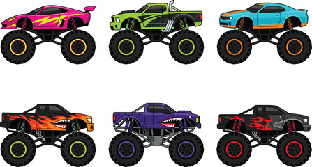 Monster Truck Vector Car Icon Set with Extreme 4x4 Offroad Pickups, Big Tires, Flame Graphics, Shark Mouth Art, and Racing Motorsport Designs © Abul