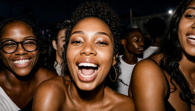 Young woman laughing at an outdoor night event surrounded by a crowd of people.