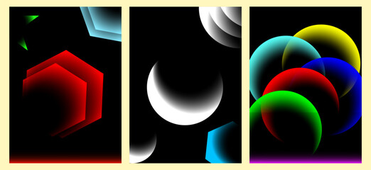 Set of three abstract futuristic poster designs featuring glowing neon geometric hexagons, crescent shapes, and layered colorful circular rings. © ZEXO
