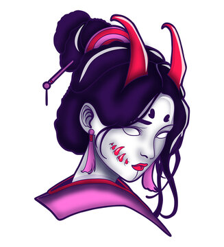 Japanese Oni Demon Geisha Girl Illustration