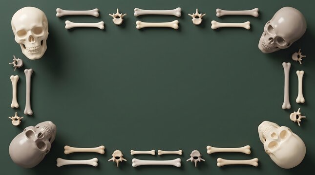 A spooky halloween special background featuring a frame made of human skulls and bones on a dark textured surface