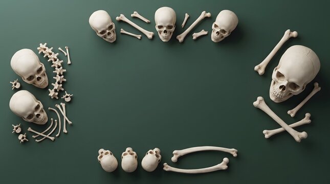 A spooky halloween special background featuring multiple human skulls and scattered bones arranged on a dark textured surface for design