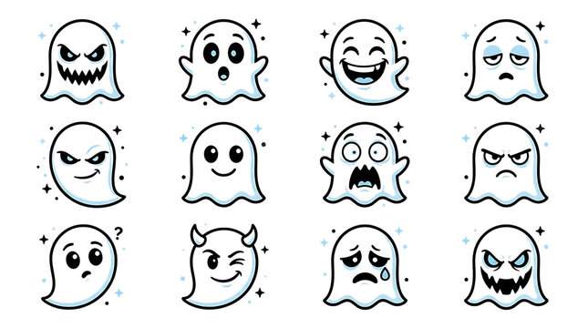 Set of cute cartoon ghost characters with various facial expressions, halloween, halloween 2026, halloween png, halloween element, helloween element isolated on transparent background