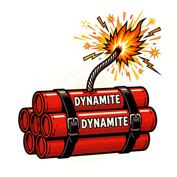 Vintage dynamite sticks bundle with burning fuse isolated on white background vector art