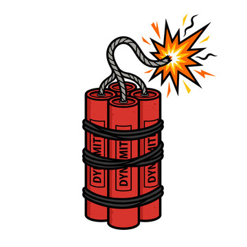 Retro dynamite bundle with lit fuse and colorful explosion vector for hazard concepts now