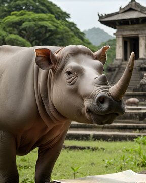 A babirusa  rino hybrid fictional species, digitally created animal, in a lost temple horizon