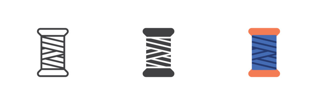 Thread bobbin spool icon in line, solid, flat colorful color vector sign symbol. Thread bobbin icon set pack shows sewing reel for craft supplies.